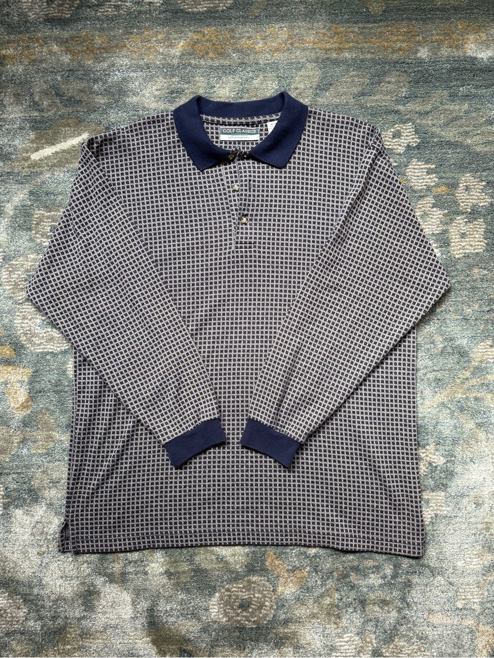 Classic Munsingwear Navy and Burgandy Grid Long-Sleeve Polo Shirt